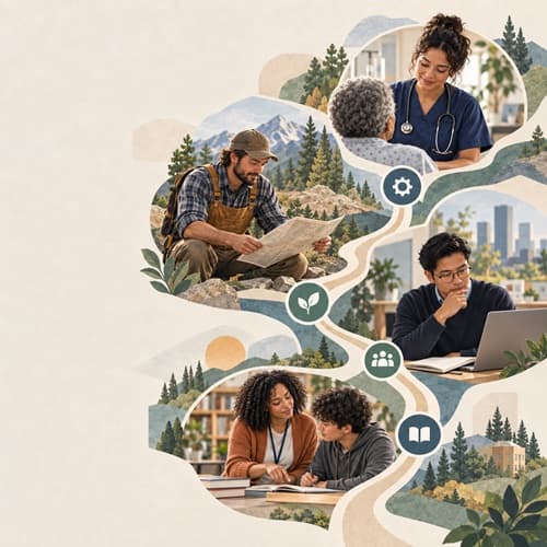 Several possible career routes branching from shared skills